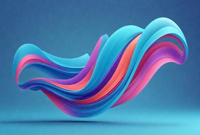 The primary subject of the image is a colorful, abstract sculpture made of paper. The sculpture is designed to resemble a wave, and it is displayed on a blue surface. The visual style of the image is a combination of digital art and illustration, creating a vibrant and dynamic scene. The colors and mood of the image are predominantly blue and purple, giving the sculpture a sense of calmness and tranquility.