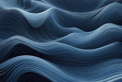 The primary subject of the image is a blue ocean with waves. The setting is the ocean, and the visual style is a digital art or illustration. The dominant colors are blue and white, creating a calm and serene atmosphere.