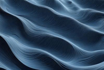 The primary subject of the image is a blue, wavy surface that resembles a water surface or a wave pattern. The setting is a dark blue background, which contrasts with the blue wavy surface. The visual style is a digital art or illustration, as the image is composed of a series of blue waves or ripples. The colors and mood of the image are predominantly dark blue, creating a calm and serene atmosphere.