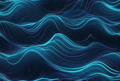 The primary subject of the image is a blue and purple ocean wave. The setting is a dark blue background, which creates a contrasting effect with the vibrant colors of the wave. The visual style is a digital art or illustration, as the wave appears to be a part of a larger pattern or design. The dominant colors are blue and purple, giving the image a calming and serene atmosphere.