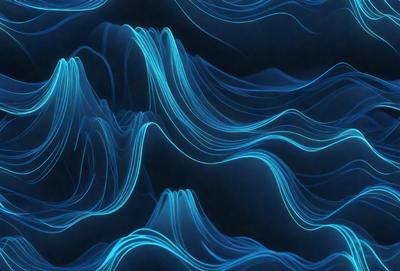 The primary subject of the image is a blue ocean with waves. The setting is a dark blue background, which creates a contrast with the bright blue waves. The visual style is a digital art or illustration, as the waves are depicted in a patterned and textured manner. The dominant colors are blue, with the waves being a lighter shade, and the background being a darker shade. The overall atmosphere is serene and calming, as the waves gently roll across the ocean.