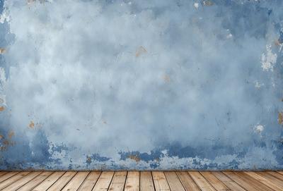 The primary subject of the image is a blue wall with a wooden floor. The setting is a room with a blue wall and a wooden floor. The visual style is a photo, and the dominant colors are blue and white. The overall atmosphere is calm and serene.