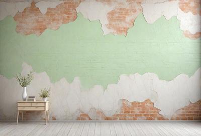The primary subject of the image is a brick wall with a green background. The setting is a room with a table and a vase on it. The visual style is a photo, and the colors and mood are predominantly green and earthy tones.