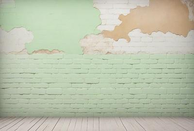 The primary subject of the image is a brick wall with a greenish tint. The setting is a room with a brick wall, and the visual style is a photo. The colors and mood of the image are predominantly green, giving it a calm and serene atmosphere.