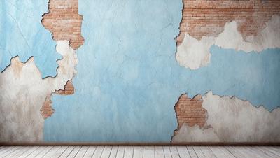 The primary subject of the image is a blue wall with a brick pattern. The setting is a room with a wooden floor. The visual style is a photo, and the colors and mood are predominantly blue and calm.