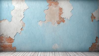The primary subject of the image is a blue wall with peeling paint, giving it a worn and aged appearance. The setting is a room with a wooden floor, which provides a contrasting background to the wall. The visual style of the image is a photo, capturing the details of the peeling paint and the wooden floor. The colors and mood of the image are predominantly blue, with the peeling paint adding a sense of decay and history to the scene.