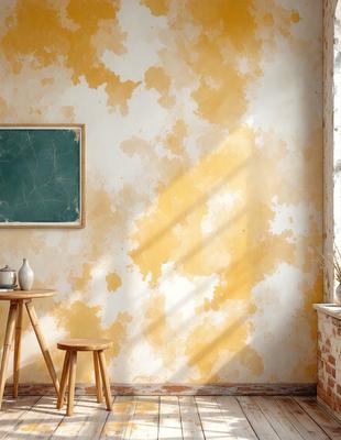 The primary subject of the image is a chalkboard with a green background, which is placed on a wall. The setting is a room with a window, and the visual style appears to be a photo. The colors and mood of the image are predominantly yellow, with a hint of green from the chalkboard.