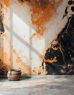 The primary subject of the image is a large vase, which is placed on a floor in front of a wall. The setting is a room with a brick wall, and the visual style appears to be a photo. The colors and mood of the image are predominantly orange, giving it a warm and vibrant atmosphere.
