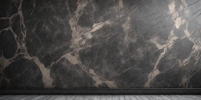 The primary subject of the image is a marble wall with a patterned texture. The setting is a room with a wooden floor. The visual style is a photo of a marble wall, showcasing the natural beauty and intricate patterns of the stone. The colors and mood of the image are predominantly dark, with the marble wall serving as a striking contrast against the wooden floor.