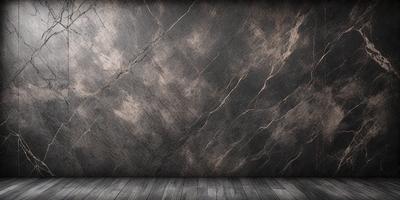 The primary subject of the image is a marble wall with a patterned texture. The setting is a room with a wooden floor. The visual style is a photo of the marble wall, showcasing its unique texture and design. The colors and mood of the image are predominantly dark, with the marble wall serving as a striking focal point in the room.