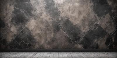 The primary subject of the image is a large, gray marble wall with a textured surface. The setting is a room with a wooden floor, and the visual style is a photo. The dominant colors are gray and black, creating a moody atmosphere.