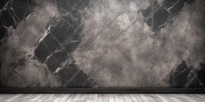 The primary subject of the image is a gray marble wall with a patterned texture. The setting is a room with a wooden floor. The visual style is a photo of the marble wall. The dominant colors are gray and black, creating a moody atmosphere.