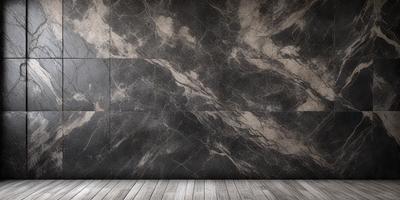 The primary subject of the image is a marble wall with a patterned texture. The setting is a room with a wooden floor. The visual style is a photo of the marble wall. The dominant colors are gray and black, creating a sophisticated and elegant atmosphere.