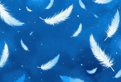 The primary subject of the image is a blue background with white feathers scattered across it. The visual style appears to be a digital art or illustration, as the feathers are depicted in a patterned manner. The colors and mood of the image are predominantly blue and white, creating a serene and calming atmosphere.