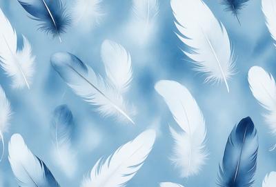 The primary subject of the image is a group of white feathers floating in a blue sky. The setting is a cloudy sky, and the visual style is a digital art or illustration. The dominant colors are white and blue, creating a serene and peaceful atmosphere.
