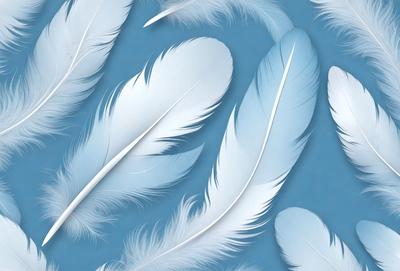 The primary subject of the image is a collection of white feathers, which are arranged in a pattern on a blue background. The visual style of the image is a combination of photo and digital art, creating a unique and eye-catching design. The colors and mood of the image are predominantly blue and white, giving it a calm and serene atmosphere.