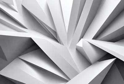The primary subject of the image is a white wall with a pattern of white triangles. The setting is a room with a white background, and the visual style is a close-up of the wall pattern. The dominant colors are white, and the overall atmosphere is clean and minimalistic.