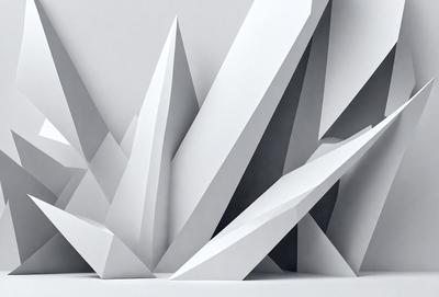 The primary subject of the image is a large white sculpture, possibly made of paper or cardboard, featuring a unique design. The sculpture is placed on a white surface, which serves as the background. The visual style of the image is a combination of digital art and illustration, creating a striking and modern appearance. The colors and mood of the image are predominantly white, giving it a clean and minimalist feel.