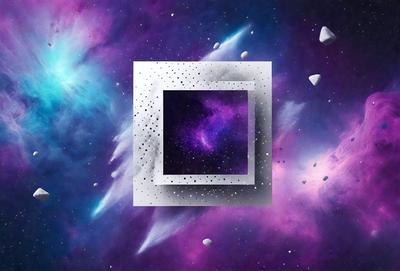 The primary subject of the image is a square-shaped object, which appears to be a digital art or illustration. The setting is a purple and blue space, with a backdrop of stars and planets. The visual style gives the impression of a futuristic or celestial scene. The colors and mood of the image are predominantly purple and blue, creating a sense of depth and tranquility.
