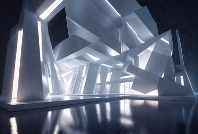The primary subject of the image is a large, modern building with a unique, geometric design. The building is illuminated by lights, creating a striking visual effect. The setting is a nighttime cityscape, with the building standing out against the dark sky. The visual style of the image is a combination of photo and digital art, creating a futuristic and modern atmosphere. The colors and mood of the image are predominantly dark, with the building's lights providing a contrasting element of brightness and energy.
