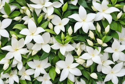 The primary subject of the image is a large group of white flowers, which are the main focus of the scene. The flowers are arranged in a pattern, creating a visually appealing and harmonious display. The setting is a lush green background, which adds to the overall atmosphere of the image. The visual style of the image is a close-up of the flowers, showcasing their details and beauty. The colors and mood of the image are predominantly white, giving it a clean, fresh, and serene appearance