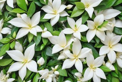 The primary subject of the image is a large group of white flowers, which are the main focus of the scene. The flowers are arranged in a dense, leafy green background, creating a visually appealing and lush environment. The visual style of the image is a close-up of the flowers, showcasing their intricate details and beauty. The colors in the image are predominantly white, with the flowers being the main source of color, creating a serene and calming atmosphere.