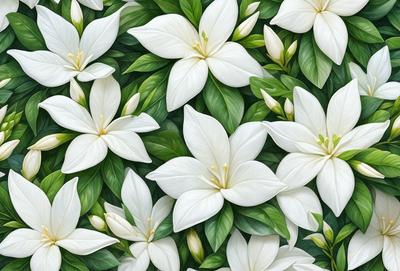 The primary subject of the image is a close-up of a white flower, possibly a lily, with green leaves surrounding it. The setting is a green background, which adds to the natural and serene atmosphere of the scene. The visual style appears to be a combination of a photo and a painting, creating a realistic yet artistic representation of the flower. The colors and mood of the image are predominantly white and green, giving it a clean and fresh appearance.
