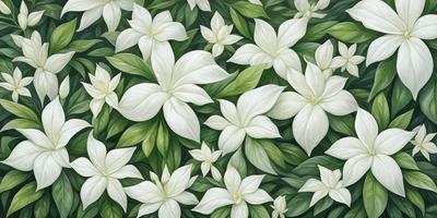 The primary subject of the image is a white flower, which is the main object, scene, or focus of the image. The setting is a green background, which adds a natural and vibrant atmosphere to the scene. The visual style of the image is a painting, which gives it a more artistic and detailed appearance. The dominant colors in the painting are white and green, creating a clean and fresh mood.