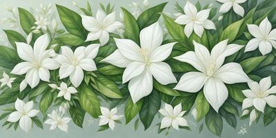 The primary subject of the image is a group of white flowers, which are the main objects in the scene. The flowers are arranged in a visually appealing manner, creating a sense of harmony and beauty. The setting is a blue background, which adds a touch of color and contrast to the overall composition. The visual style of the image is a painting, which showcases the artist's skill in capturing the delicate details of the flowers. The colors and mood of the painting are predominantly white, which gives the image