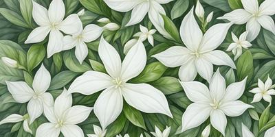 The primary subject of the image is a white flower with green leaves, which is the main object, scene, or focus of the image. The setting/background features a white and green floral pattern, which is a digital art illustration. The visual style is a combination of photo and digital art, creating a unique and vibrant atmosphere. The dominant colors are white and green, which contribute to a fresh and lively mood.