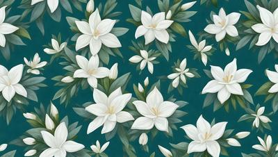 The primary subject of the image is a pattern of white flowers on a blue background. The flowers are depicted in various sizes and positions, creating a visually appealing and harmonious design. The setting is a blue surface, which serves as the backdrop for the white flowers. The visual style of the image is a combination of digital art and illustration, showcasing the artist's skill in creating a realistic and aesthetically pleasing representation of the flowers. The colors and mood of the image are predomin