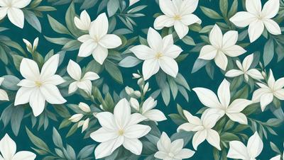 The primary subject of the image is a pattern of white flowers on a blue background. The flowers are depicted in various sizes and positions, creating a visually appealing and harmonious design. The setting appears to be a painting or digital artwork, as the flowers are the main focus and the overall atmosphere is serene and calming.