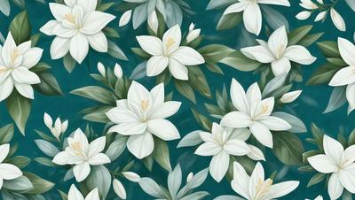 The primary subject of the image is a pattern of white flowers on a blue background. The flowers are depicted in various sizes and positions, creating a visually appealing and harmonious design. The setting appears to be a water surface, which adds to the overall atmosphere of the image. The visual style of the image is a combination of digital art and illustration, resulting in a vibrant and detailed representation of the white flowers. The colors and mood of the image are predominantly blue and white, giving it a calm and