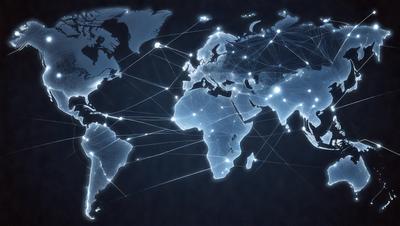 The primary subject of the image is a map of the world, with a blue background and a multitude of white lines connecting various countries. The setting is a black background, which emphasizes the map's details. The visual style is a combination of a photo and digital art, as the map is displayed in a digital manner. The colors and mood of the image are predominantly blue and white, creating a sense of calmness and organization.