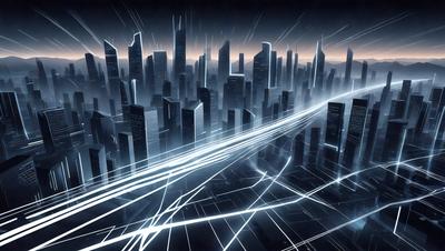 The primary subject of the image is a futuristic cityscape with tall buildings and a skyline. The setting is a dark, futuristic environment, likely a night scene. The visual style is a digital art or illustration, with a focus on light and shadows. The colors and mood are dark and moody, with a sense of mystery and intrigue.