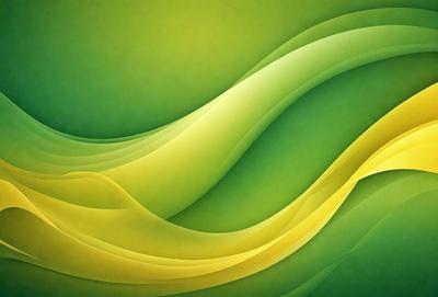 The primary subject of the image is a green and yellow painting or drawing, featuring a wave-like pattern. The setting is a wall, and the visual style appears to be a combination of digital art and illustration. The dominant colors in the image are green and yellow, creating a lively and vibrant atmosphere.