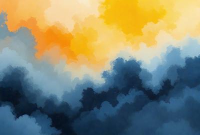 The primary subject of the image is a cloudy sky with a sunset in the background. The setting is a cloudy sky with a sunset, and the visual style is a painting or drawing. The colors and mood of the image are predominantly blue and orange, creating a serene and calming atmosphere.