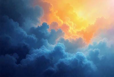 The primary subject of the image is a beautiful, colorful cloudy sky. The setting is a blue sky with clouds, creating a serene and peaceful atmosphere. The visual style is a combination of photo and digital art, as it appears to be a painting or drawing of a cloudy sky. The colors and mood are predominantly blue and calming, with the clouds adding a sense of depth and movement to the scene.