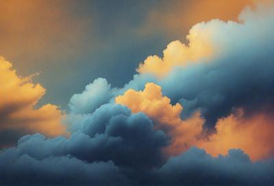 The primary subject of the image is a cloudy sky with a variety of clouds. The setting is a cloudy day, and the visual style is a painting or drawing. The colors and mood of the image are predominantly dark and moody, with the clouds creating a dramatic and atmospheric scene.