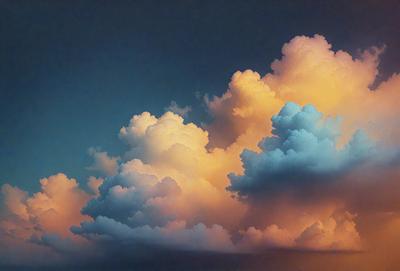 The primary subject of the image is a cloudy sky with a variety of cloud formations. The setting is a dark blue sky, which contrasts with the clouds. The visual style is a painting, which adds a sense of depth and artistic expression to the scene. The colors and mood of the image are predominantly dark and moody, with the clouds creating a dramatic and atmospheric backdrop.