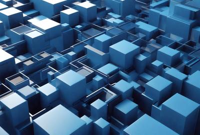 The primary subject of the image is a blue, three-dimensional grid pattern. The setting is a blue background, and the visual style is digital art. The dominant colors are blue and white, creating a calm and serene atmosphere.