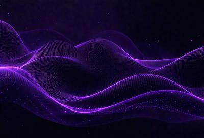 The primary subject of the image is a purple, digital art-like representation of a wave. The setting is a dark background, which contrasts with the purple wave. The visual style is a combination of digital art and a pattern, creating a unique and eye-catching design. The colors and mood of the image are predominantly purple, giving it a futuristic and artistic appearance.