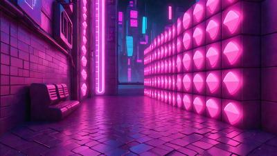 The primary subject of the image is a pink-lit city street with a purple-lit building in the background. The setting is a futuristic city with a neon-lit environment. The visual style is a digital art or illustration, creating a vibrant and colorful atmosphere. The dominant colors are pink and purple, giving the scene a unique and eye-catching appearance.