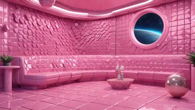 The primary subject of the image is a pink room with a large window. The room features a pink couch and a pink table. The setting is a futuristic space with a pink and white color scheme. The visual style is a digital art, illustration, or drawing. The colors and mood of the room are predominantly pink, creating a warm and inviting atmosphere.