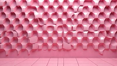 The primary subject of the image is a large pink wall with a pattern of pink and white shapes. The wall appears to be made of a material that resembles a brick or tile pattern. The setting is a room with a pink floor, which complements the pink wall. The visual style of the image is a combination of photo and digital art, creating a unique and eye-catching design. The colors and mood of the image are predominantly pink, giving it a warm and inviting atmosphere.