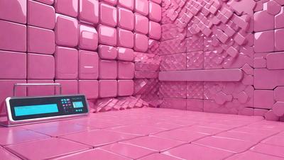 The primary subject of the image is a small electronic device, possibly a tablet or a smartphone, placed on a pink surface. The setting appears to be a room with a pink wall, and the visual style is a combination of a photo and digital art. The colors and mood of the image are predominantly pink, creating a warm and inviting atmosphere.