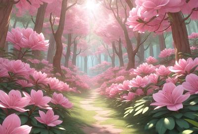 The primary subject of the image is a path surrounded by pink flowers, creating a beautiful and serene atmosphere. The setting is a forest with trees and flowers, providing a natural and picturesque backdrop. The visual style is a combination of digital art and illustration, giving the scene a vibrant and lively appearance. The dominant colors are pink and green, with the pink flowers being the main focus of the image.