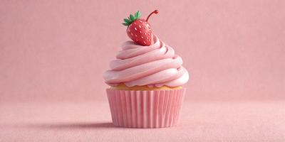 The primary subject of the image is a cupcake with a strawberry on top. The cupcake is placed on a pink surface, which serves as the setting or background. The visual style of the image is a close-up of the cupcake, showcasing its details. The colors and mood of the image are predominantly pink, giving it a sweet and delicious appearance.