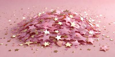 The primary subject of the image is a pile of pink stars, which are scattered across a pink surface. The setting appears to be a creative and playful environment, possibly a crafting or artistic space. The visual style of the image is a combination of photo and digital art, creating a unique and eye-catching display. The colors and mood of the image are predominantly pink, which adds a sense of warmth and creativity to the scene.