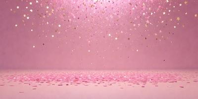 The primary subject of the image is a pink background with gold stars scattered across it. The setting is a pink room with a pink wall, and the visual style is a combination of photo and digital art. The dominant colors are pink and gold, creating a warm and inviting atmosphere.